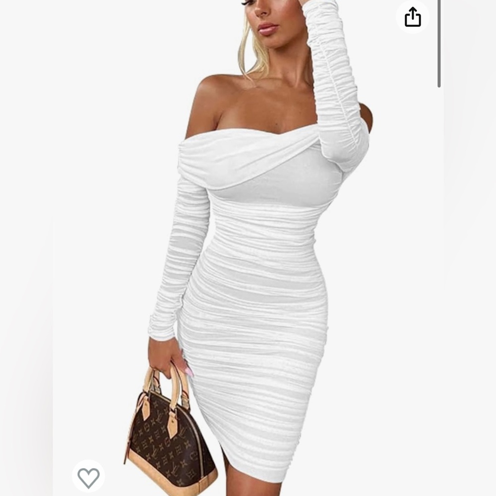 White, off the shoulder, rouched, stretch dress.
